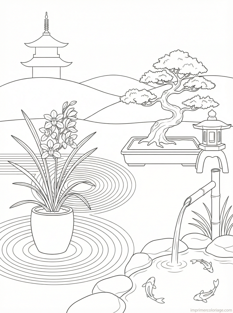 coloriage orchidee jardin zen bonsai - dessin gratuit &agrave; imprimer