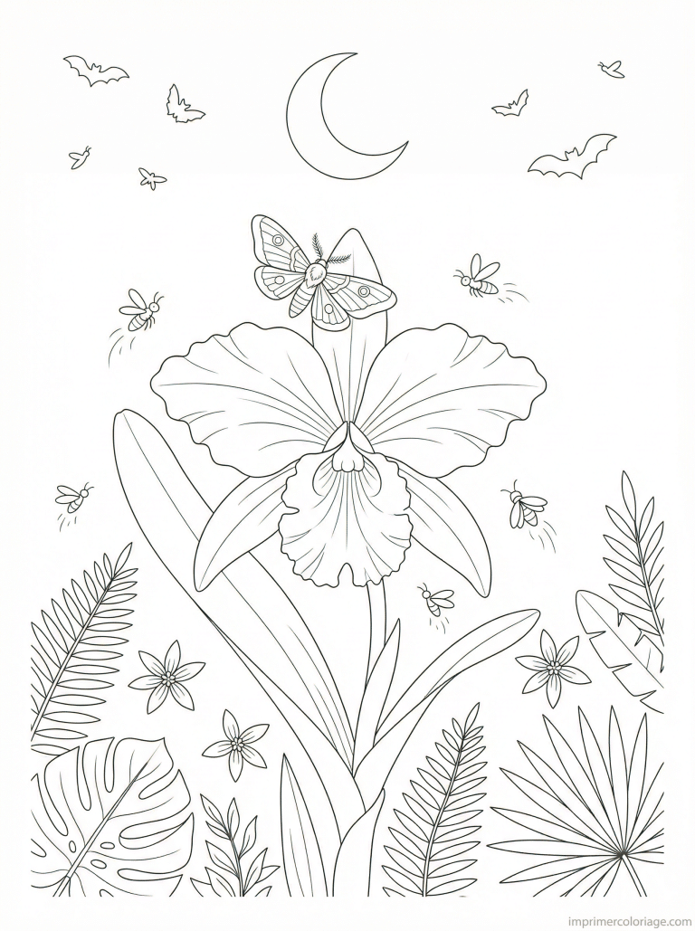 coloriage orchidee nuit lune papillon - dessin gratuit &agrave; imprimer