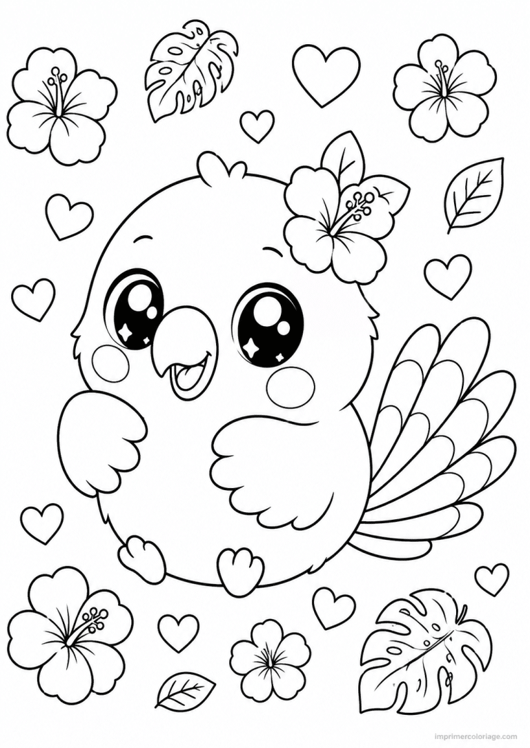 coloriage perroquet kawaii rond coeurs - dessin gratuit &agrave; imprimer