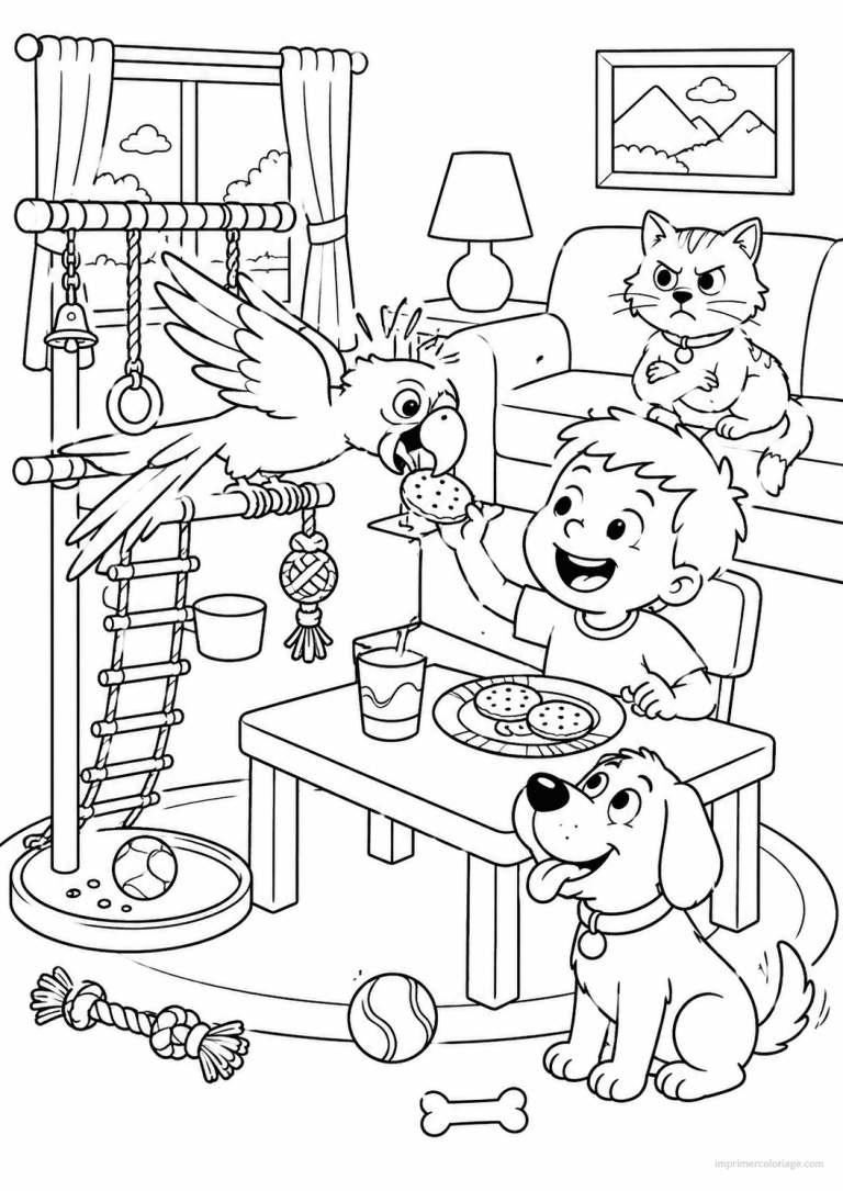 coloriage perroquet maison enfant chat chien - dessin gratuit &agrave; imprimer
