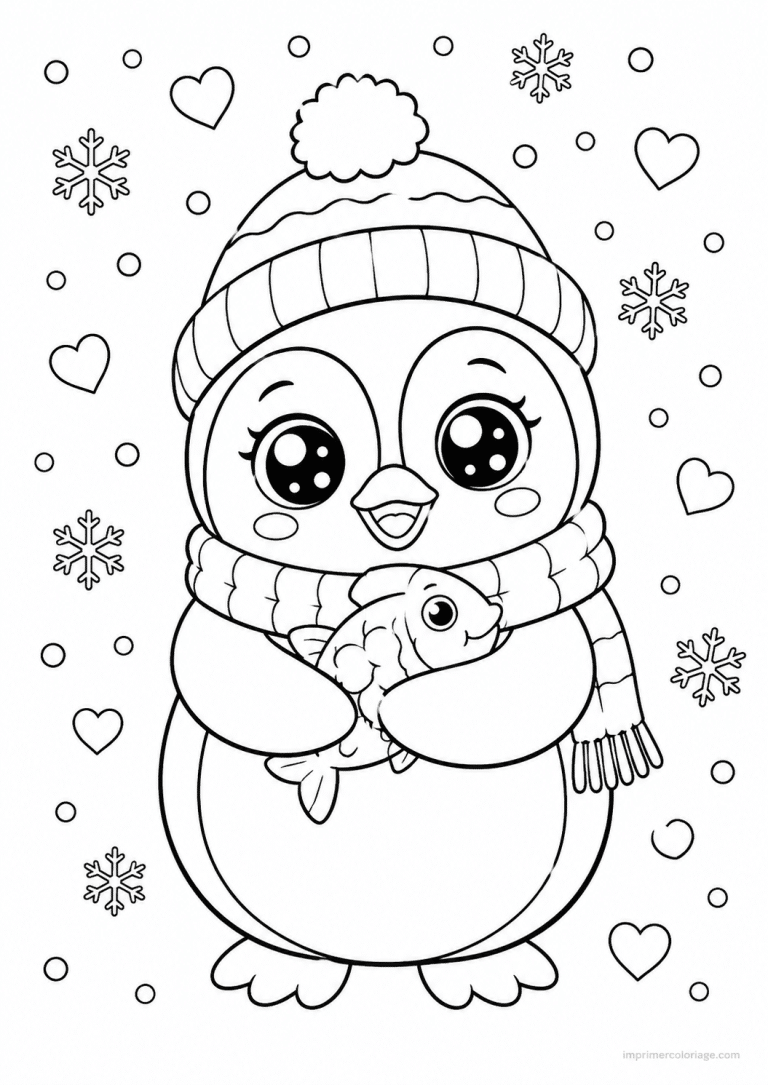 coloriage pingouin cute echarpe bonnet poisson - dessin gratuit &agrave; imprimer