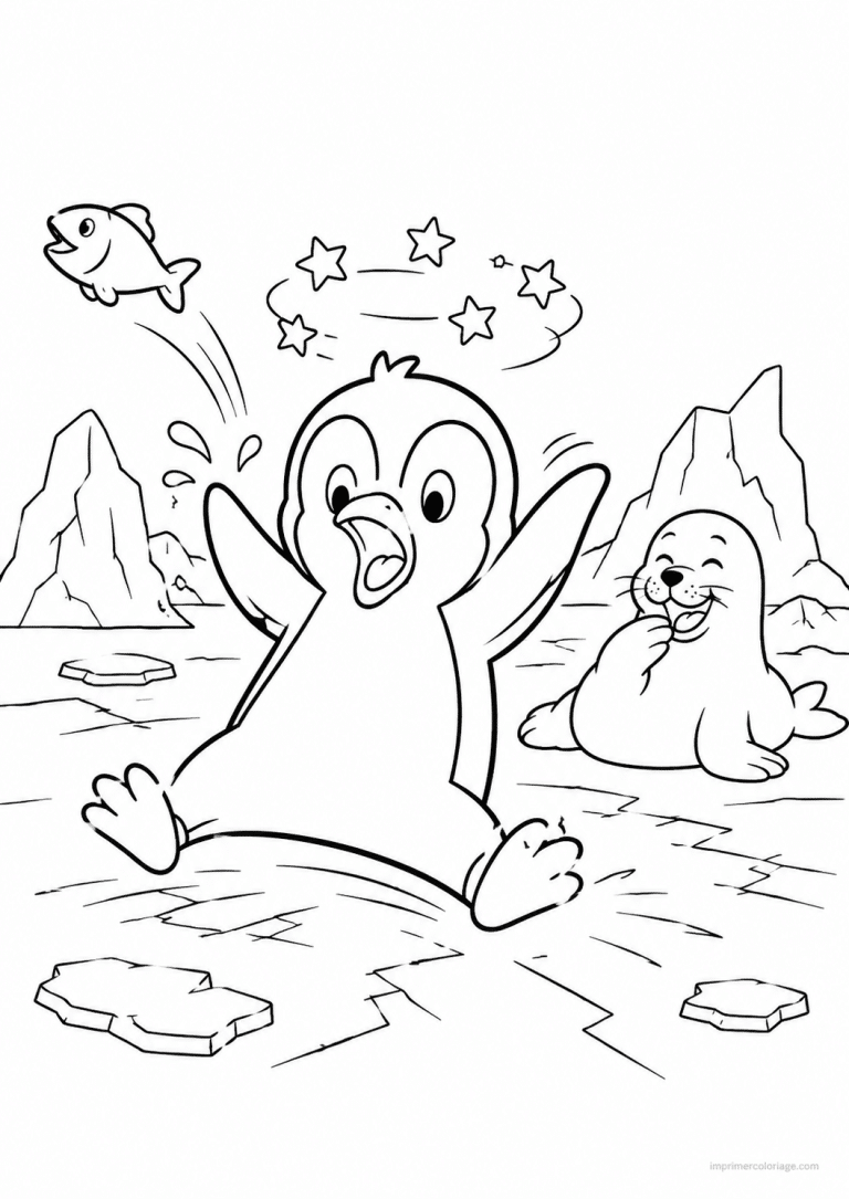 coloriage pingouin cute glisse phoque poisson - dessin gratuit &agrave; imprimer