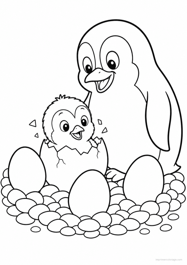 coloriage pingouin eclot oeuf parent nid - dessin gratuit &agrave; imprimer