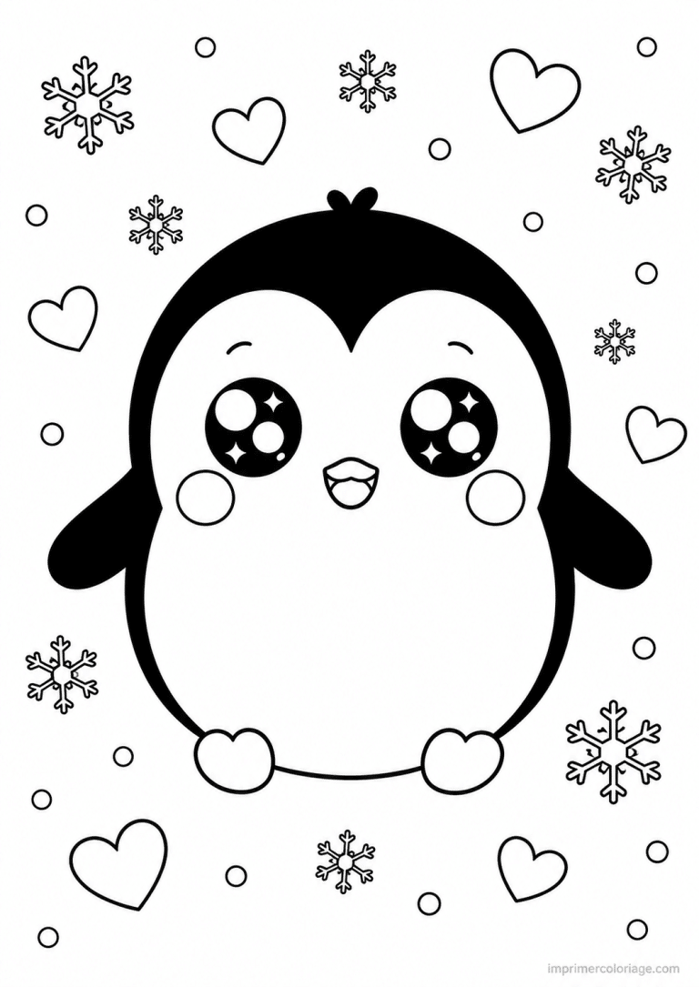 coloriage pingouin kawaii rond coeurs - dessin gratuit &agrave; imprimer