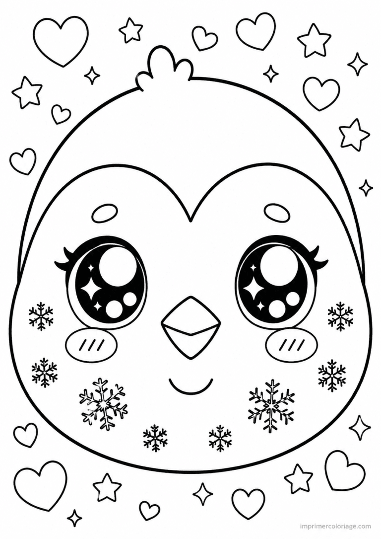 coloriage pingouin kawaii visage flocons - dessin gratuit &agrave; imprimer