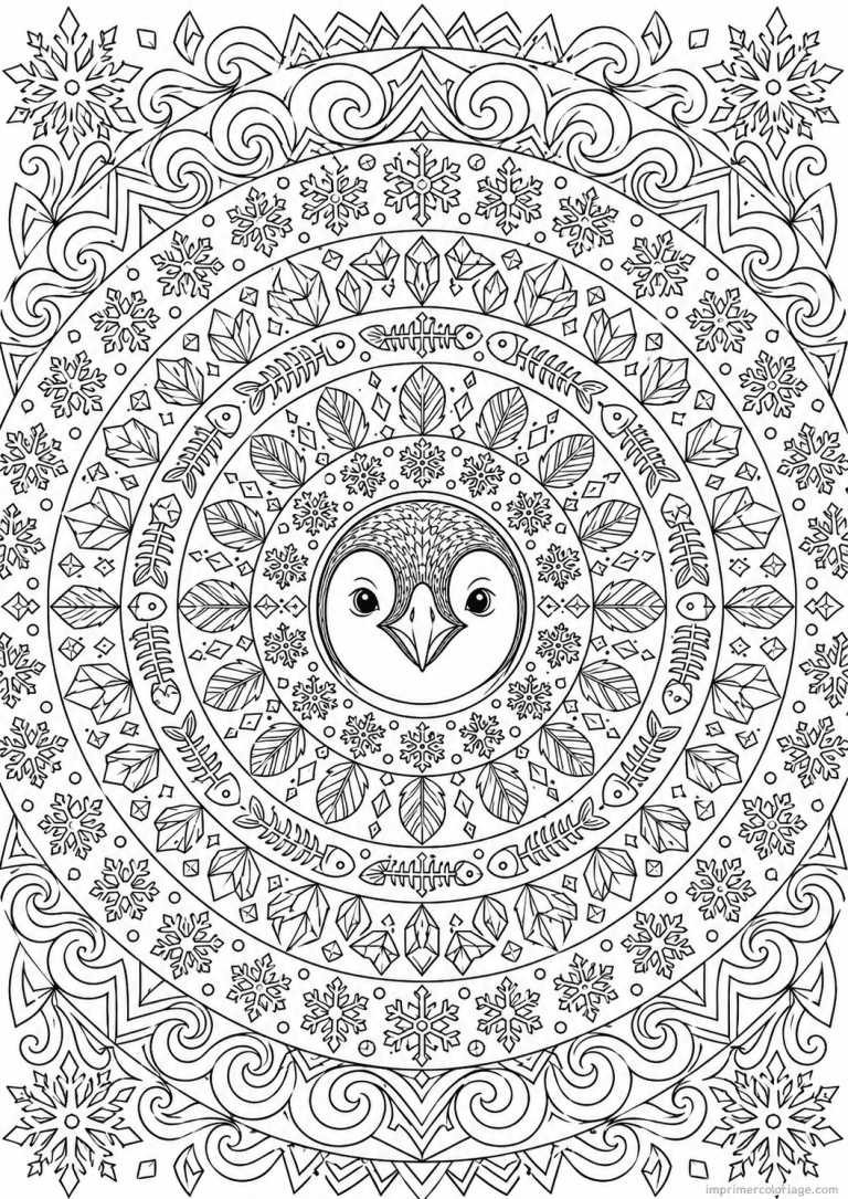 coloriage pingouin mandala visage flocon centre - dessin gratuit &agrave; imprimer
