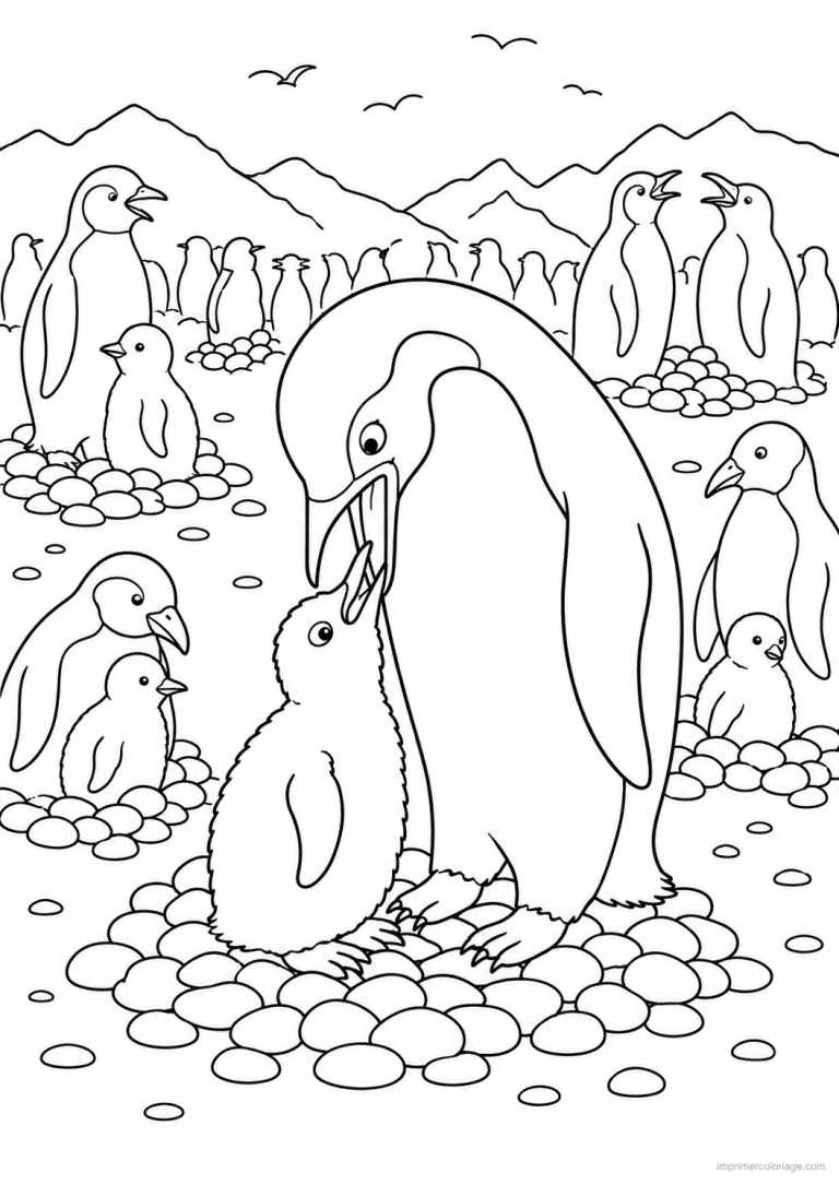 coloriage pingouin nourrit poussin colonie - dessin gratuit &agrave; imprimer