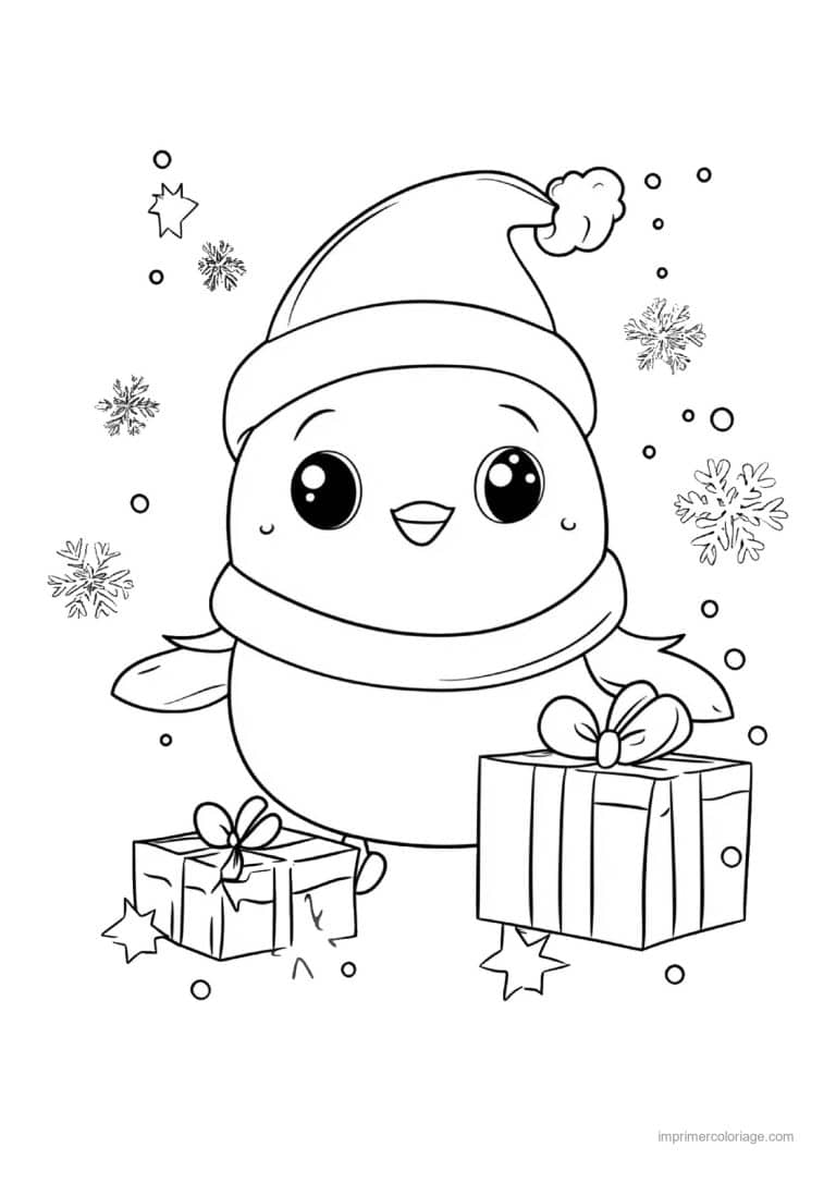 coloriage pingouin oiseau bonnet echarpe cadeaux flocons - dessin gratuit &agrave; imprimer