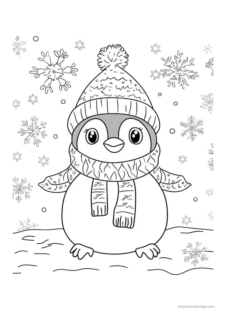 coloriage pingouin pingouin bonnet echarpe flocons 2 - dessin gratuit &agrave; imprimer