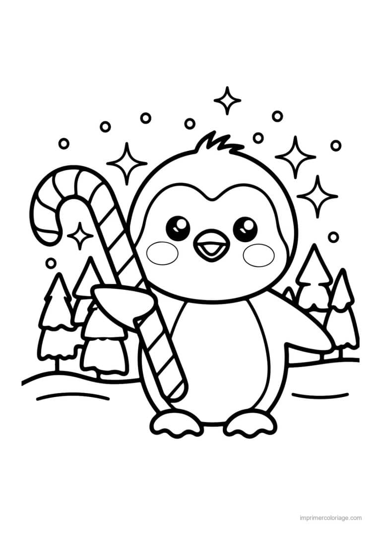 coloriage pingouin pingouin sucre orge sapins - dessin gratuit &agrave; imprimer