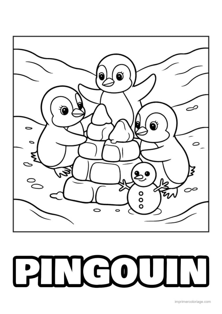 coloriage pingouin pingouins construisant igloo - dessin gratuit &agrave; imprimer