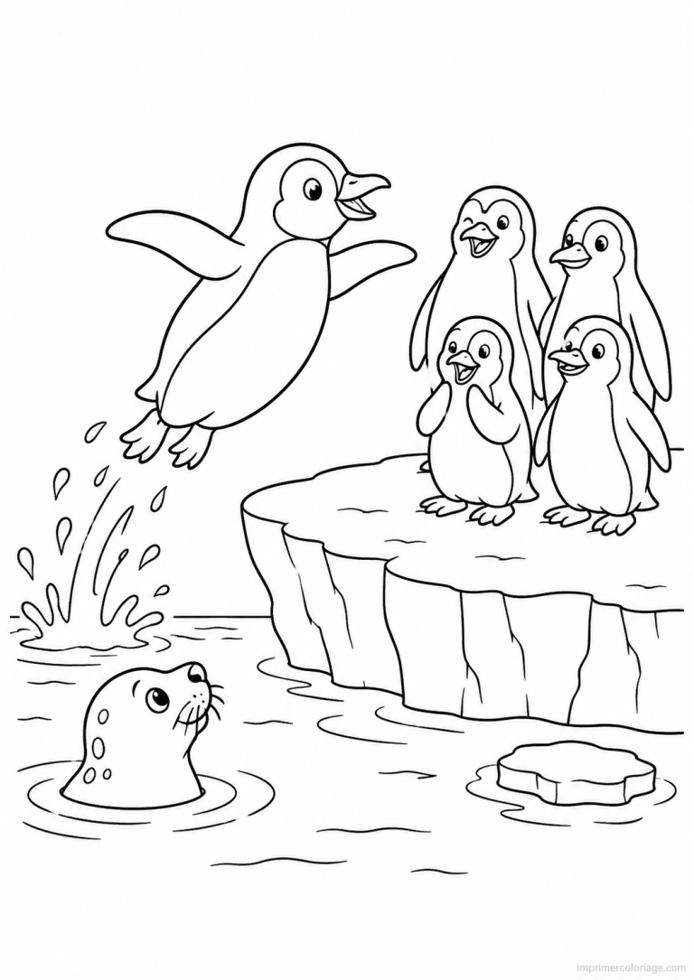 coloriage pingouin saut banquise phoque - dessin gratuit &agrave; imprimer