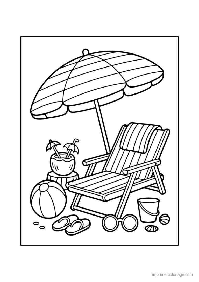 coloriage plage chaise longue parasol et seau - dessin gratuit &agrave; imprimer