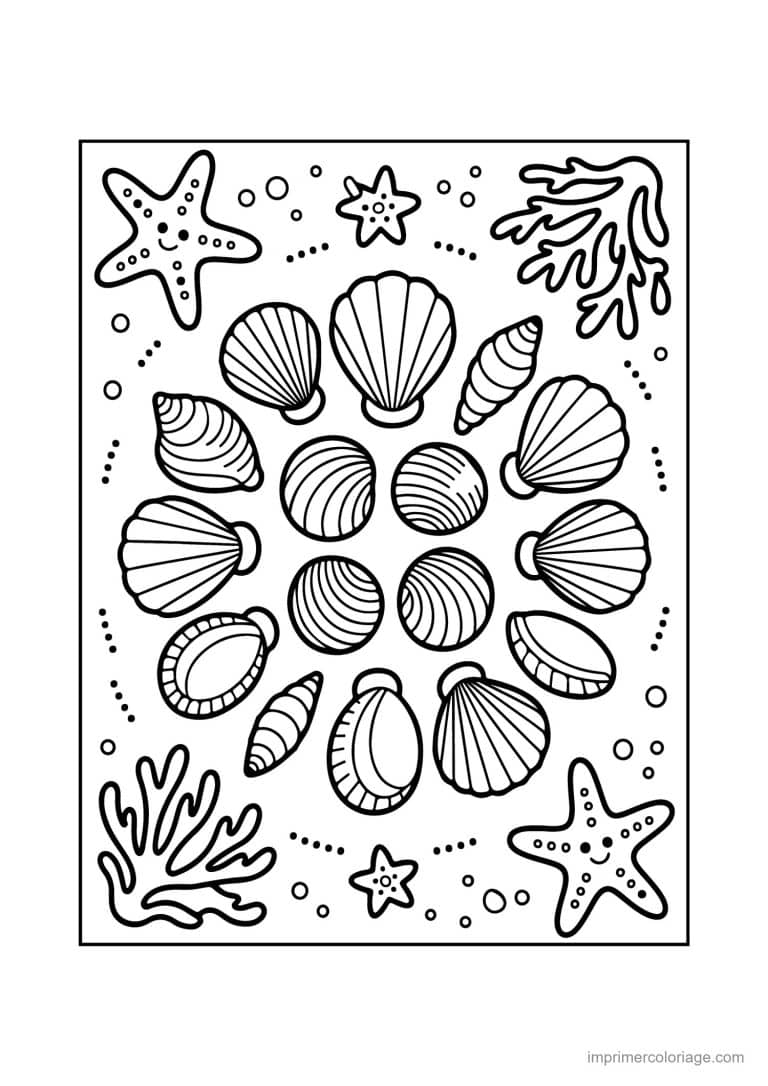 coloriage plage coquillages et etoiles de mer - dessin gratuit &agrave; imprimer