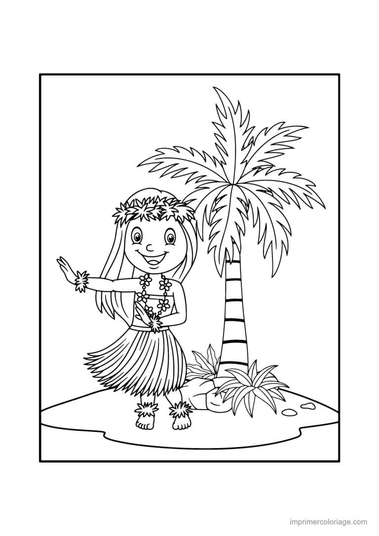 coloriage plage danseuse hawaienne et palmier - dessin gratuit &agrave; imprimer