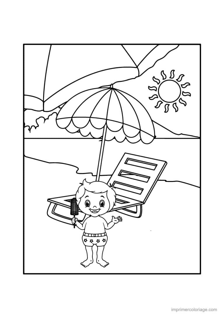 coloriage plage enfant au transat et parasol - dessin gratuit &agrave; imprimer