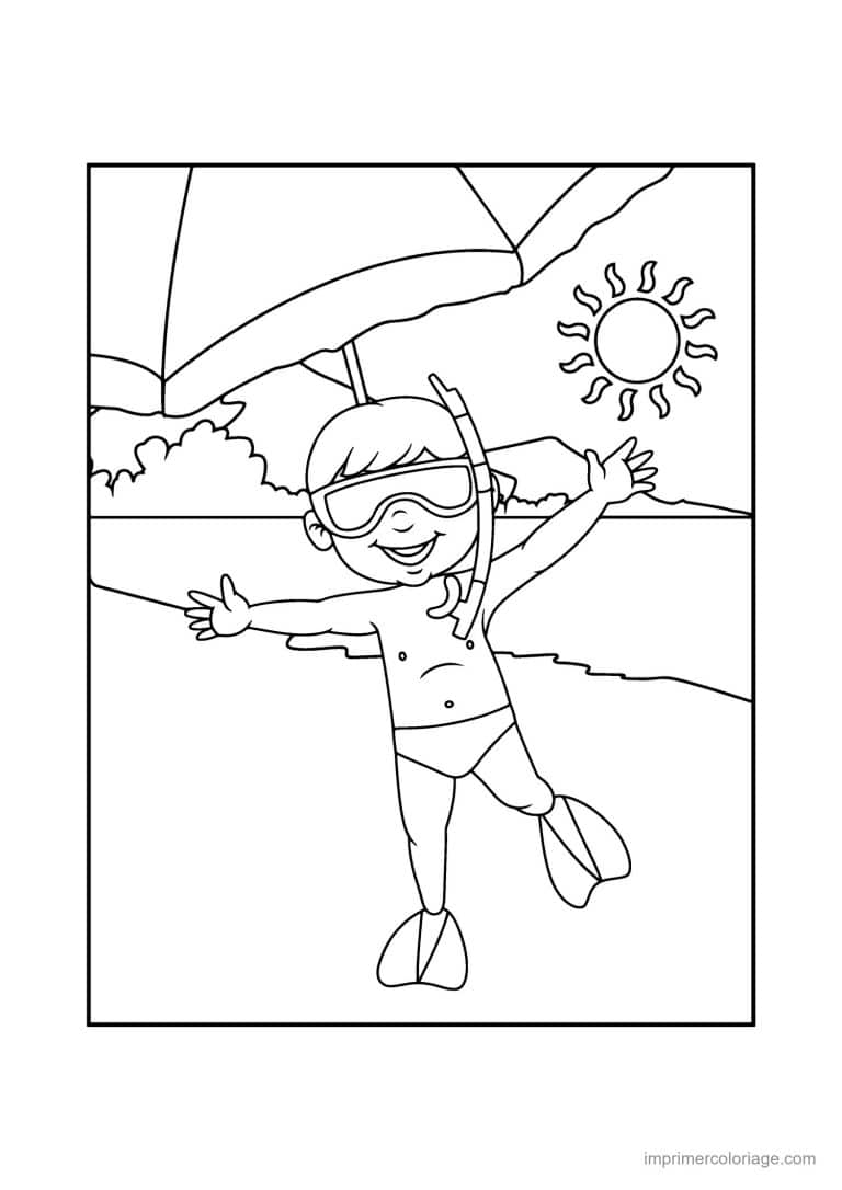 coloriage plage enfant avec masque de plongee - dessin gratuit &agrave; imprimer