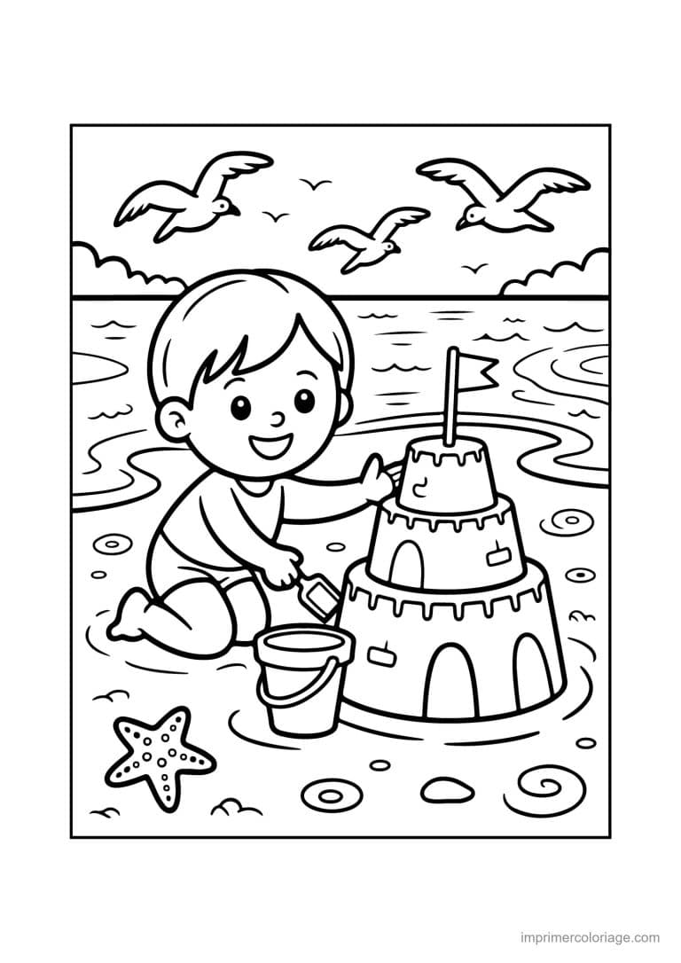 coloriage plage enfant construit un chateau de sable - dessin gratuit &agrave; imprimer