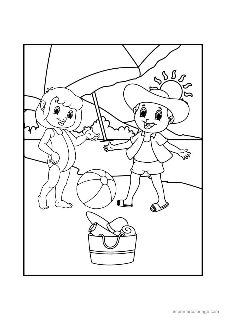 coloriage plage enfants au ballon de plage - dessin gratuit &agrave; imprimer