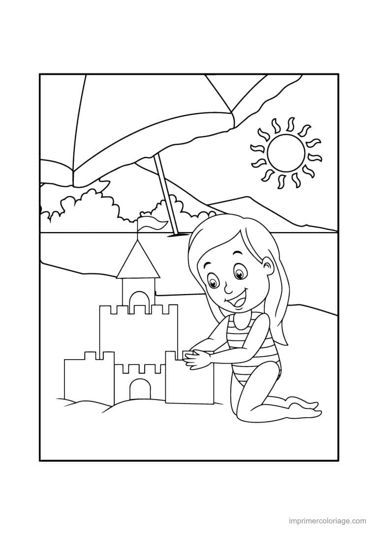 coloriage plage fille construit un chateau de sable - dessin gratuit &agrave; imprimer