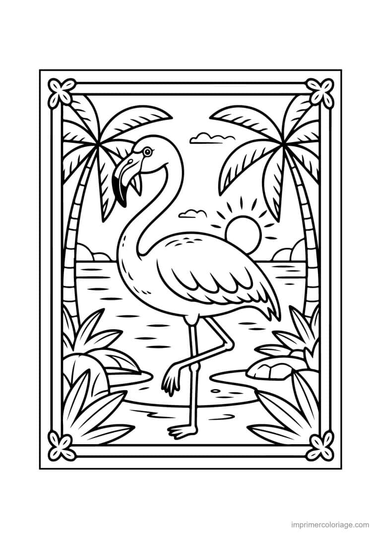 coloriage plage flamant rose sur la plage - dessin gratuit &agrave; imprimer