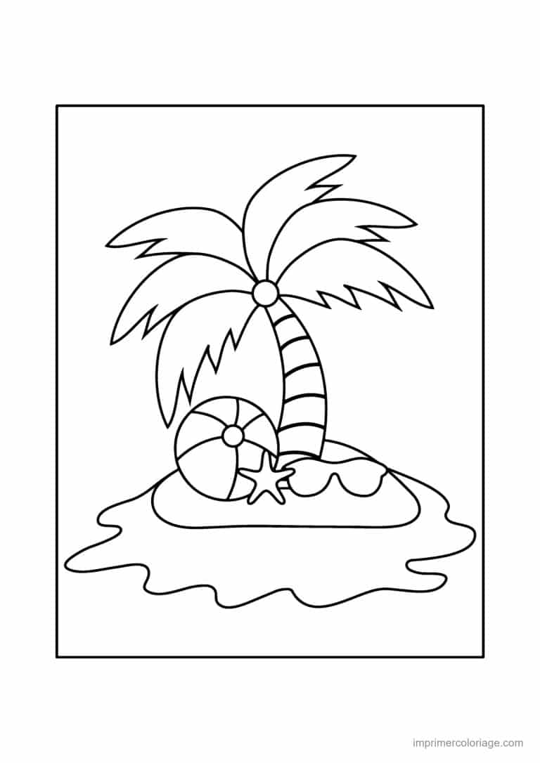 coloriage plage ile au palmier et ballon - dessin gratuit &agrave; imprimer