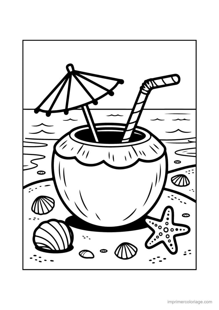 coloriage plage noix de coco fraiche sur la plage - dessin gratuit &agrave; imprimer