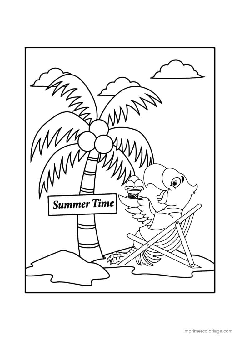 coloriage plage oiseau cocktail en transat - dessin gratuit &agrave; imprimer