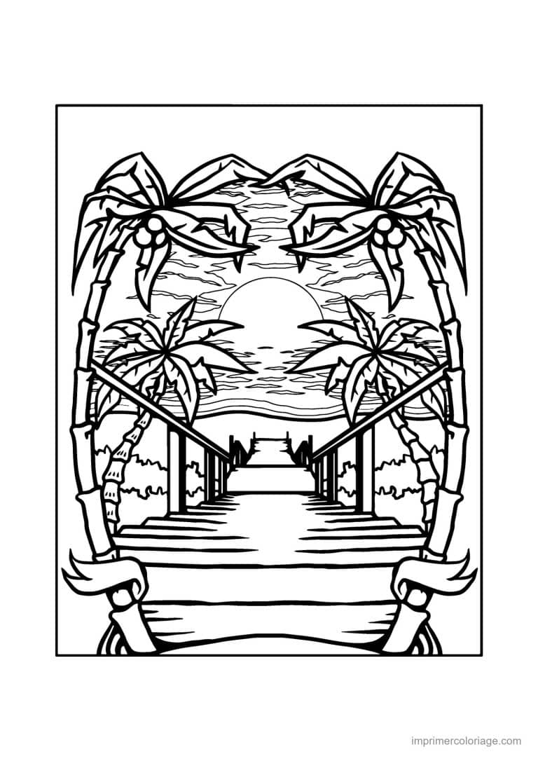 coloriage plage palmiers en arche au coucher de soleil - dessin gratuit &agrave; imprimer