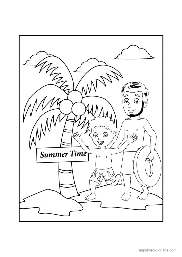 coloriage plage papa et enfant a la plage - dessin gratuit &agrave; imprimer