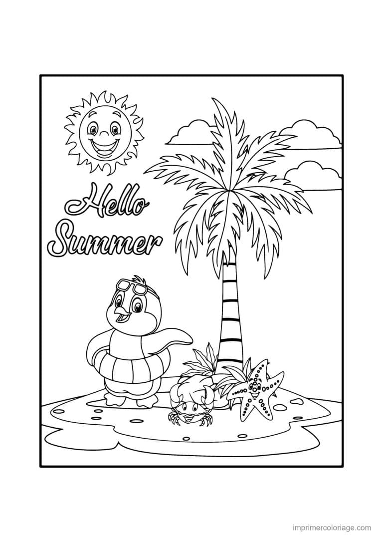 coloriage plage pingouin sous le palmier - dessin gratuit &agrave; imprimer