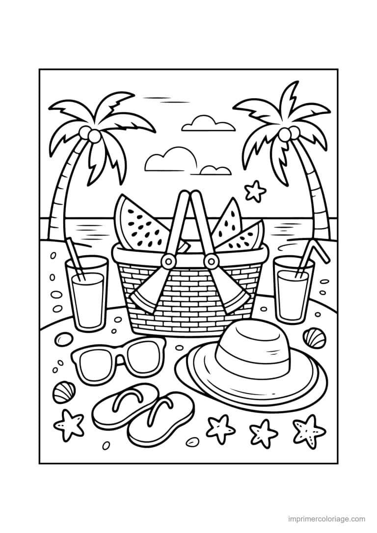 coloriage plage pique nique de plage sous les palmiers - dessin gratuit &agrave; imprimer