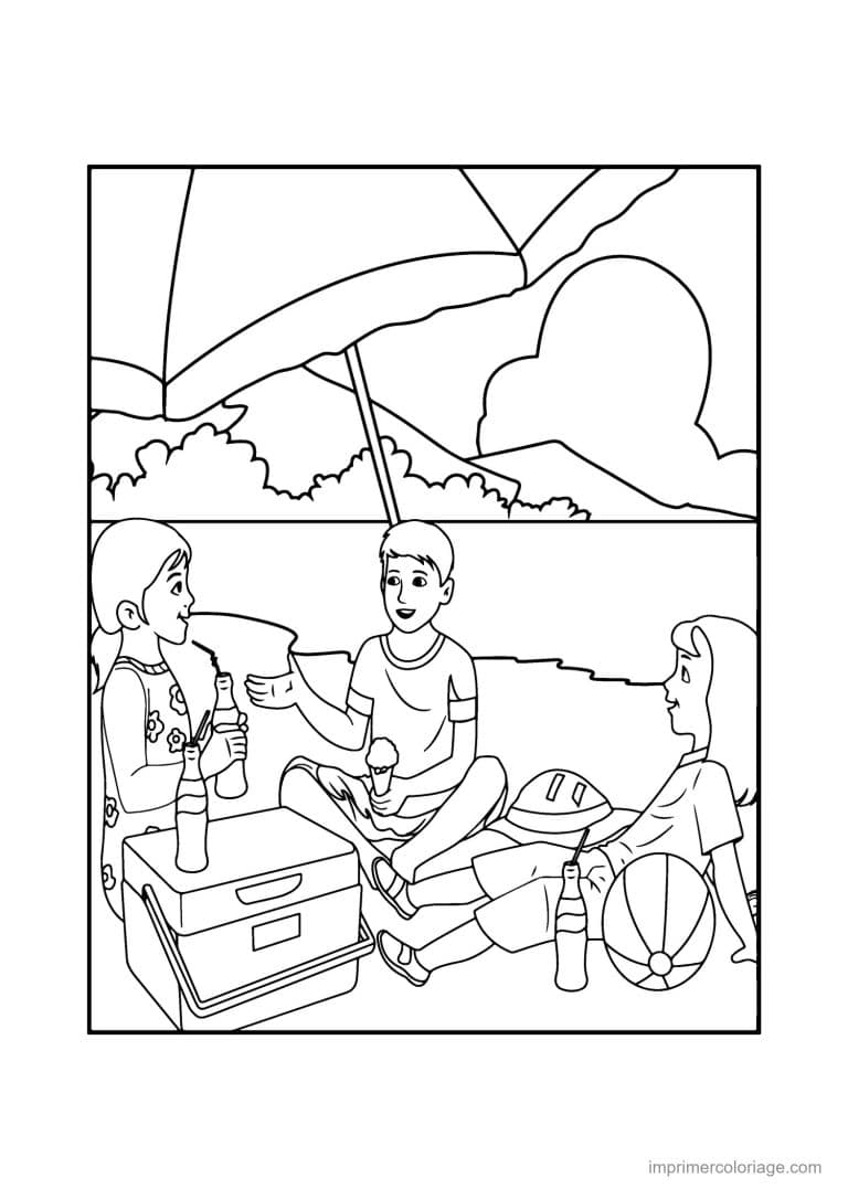 coloriage plage pique nique en famille a la plage - dessin gratuit &agrave; imprimer