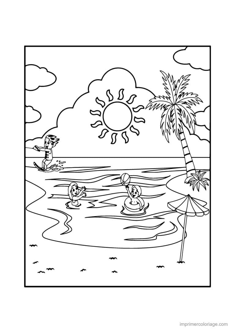 coloriage plage plage avec palmier au soleil - dessin gratuit &agrave; imprimer