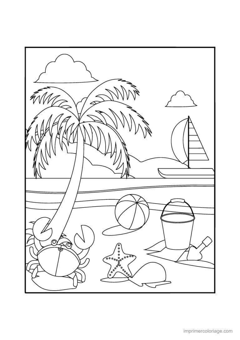 coloriage plage plage voilier et crabe - dessin gratuit &agrave; imprimer