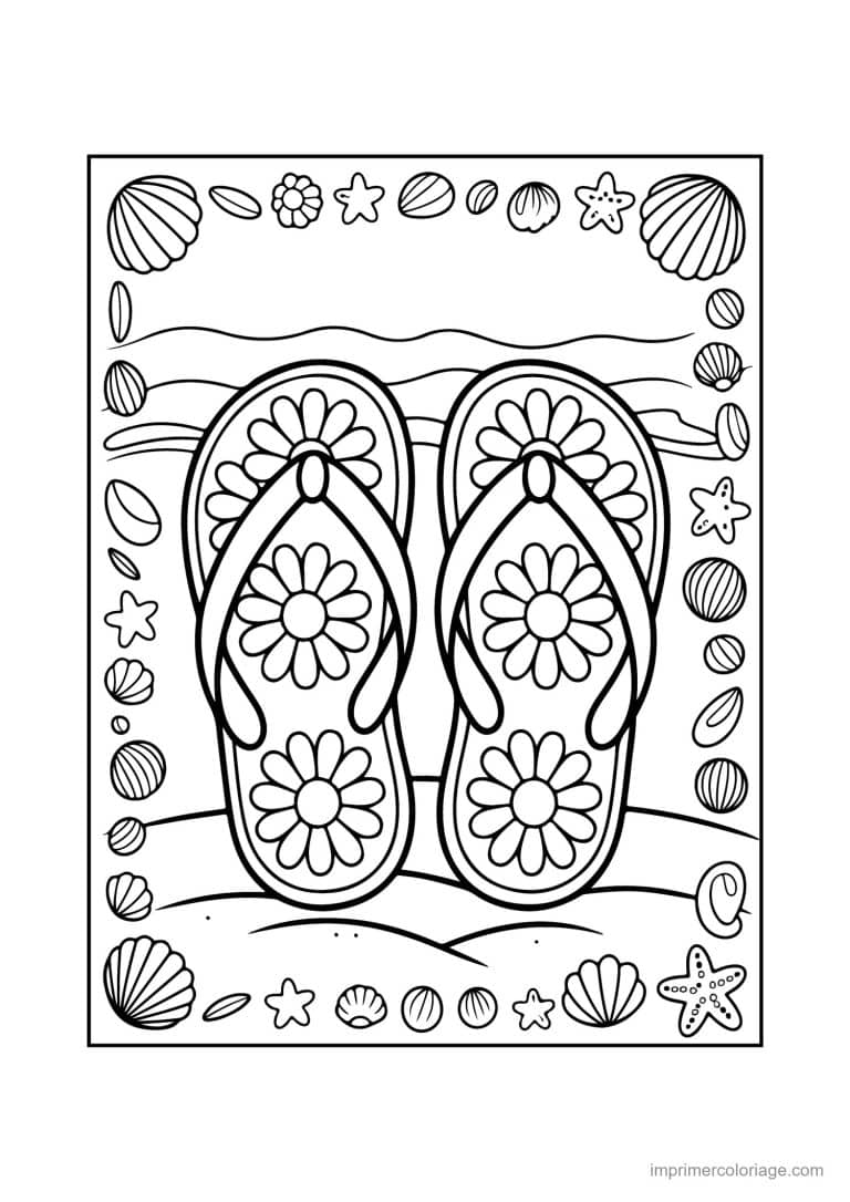coloriage plage tongs fleuries et coquillages - dessin gratuit &agrave; imprimer