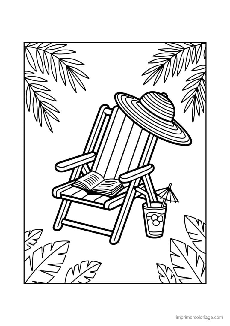 coloriage plage transat et chapeau sous les palmiers - dessin gratuit &agrave; imprimer