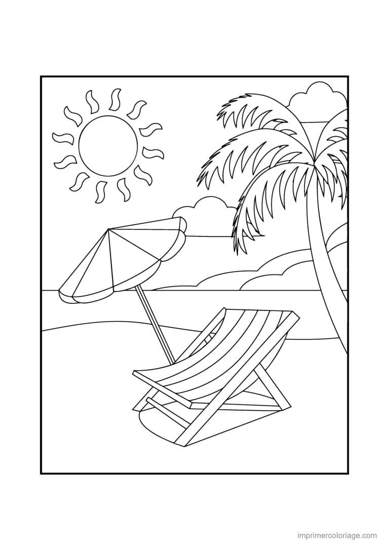 coloriage plage transat parasol au soleil couchant - dessin gratuit &agrave; imprimer