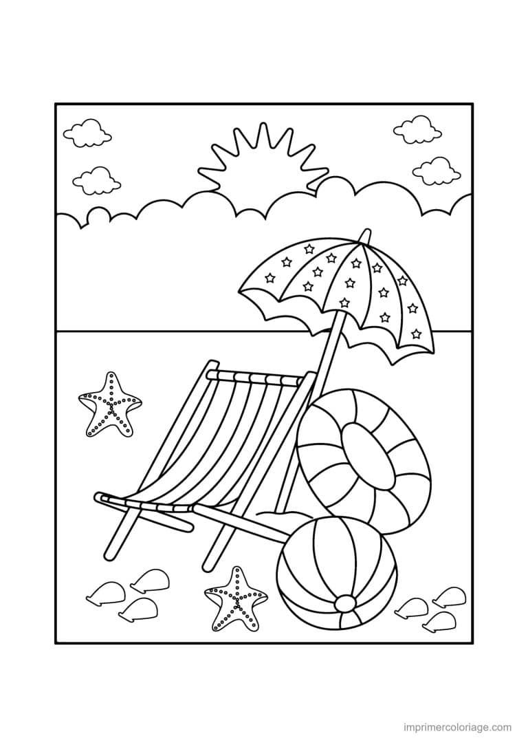 coloriage plage transat parasol et etoile de mer - dessin gratuit &agrave; imprimer
