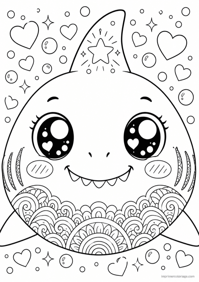 coloriage requin kawaii marteau fleurs - dessin gratuit &agrave; imprimer