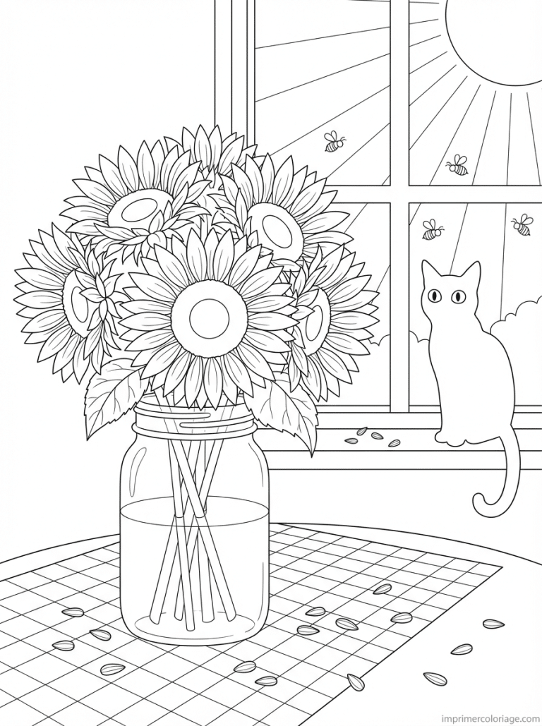 coloriage tournesol bocal cuisine chat - dessin gratuit &agrave; imprimer