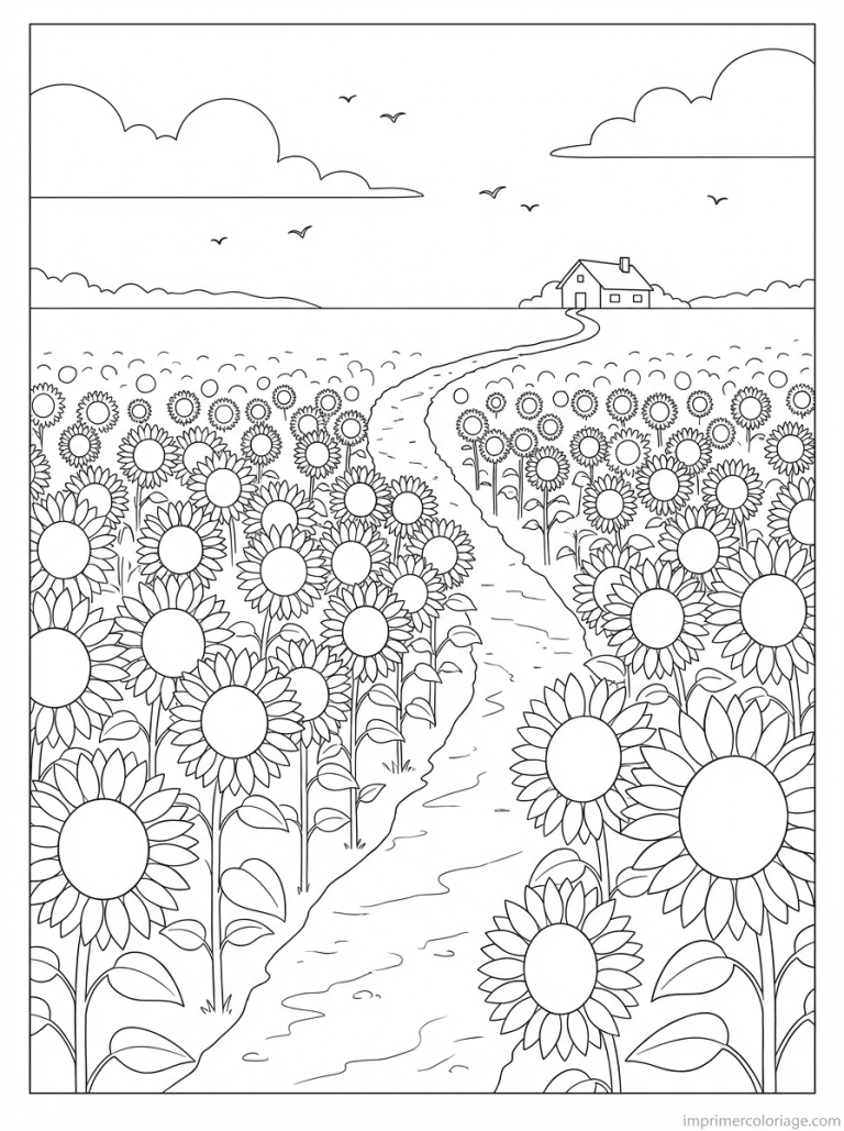 coloriage tournesol champ ferme chemin - dessin gratuit &agrave; imprimer