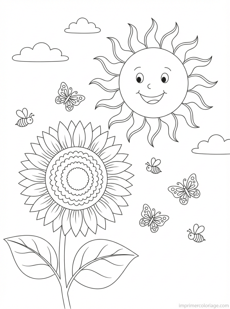 coloriage tournesol face soleil abeilles - dessin gratuit &agrave; imprimer