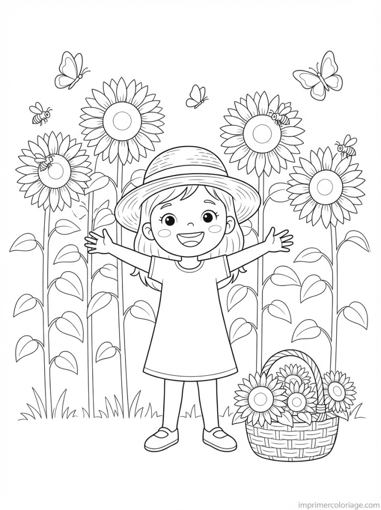 coloriage tournesol fille champ papillons - dessin gratuit &agrave; imprimer