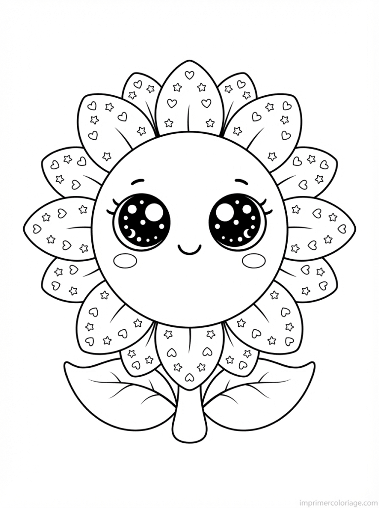 coloriage tournesol kawaii petales coeurs - dessin gratuit &agrave; imprimer