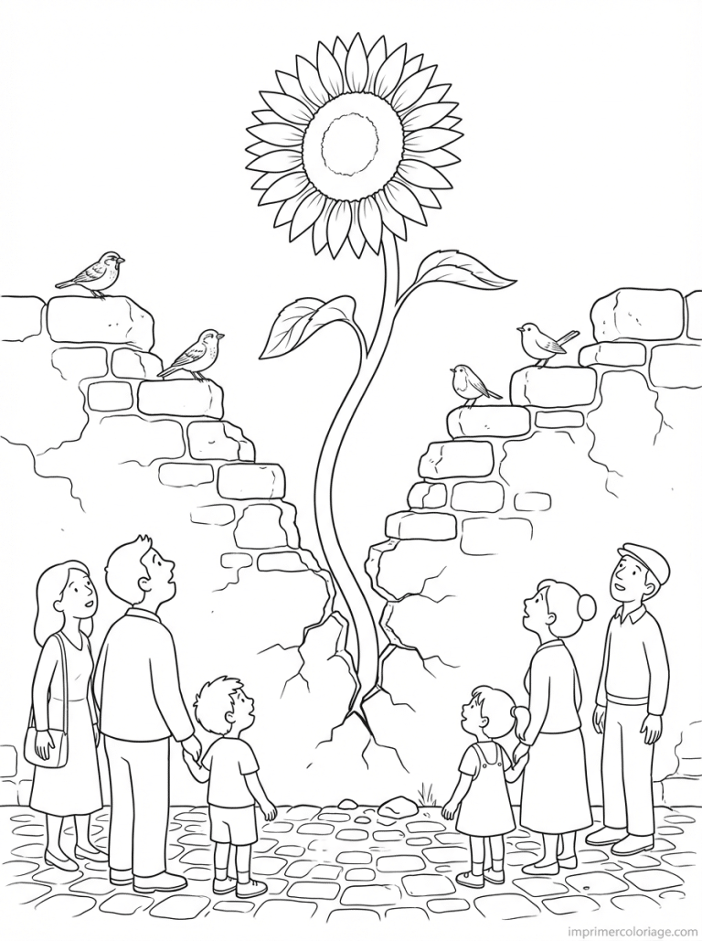 coloriage tournesol mur village fissure - dessin gratuit &agrave; imprimer