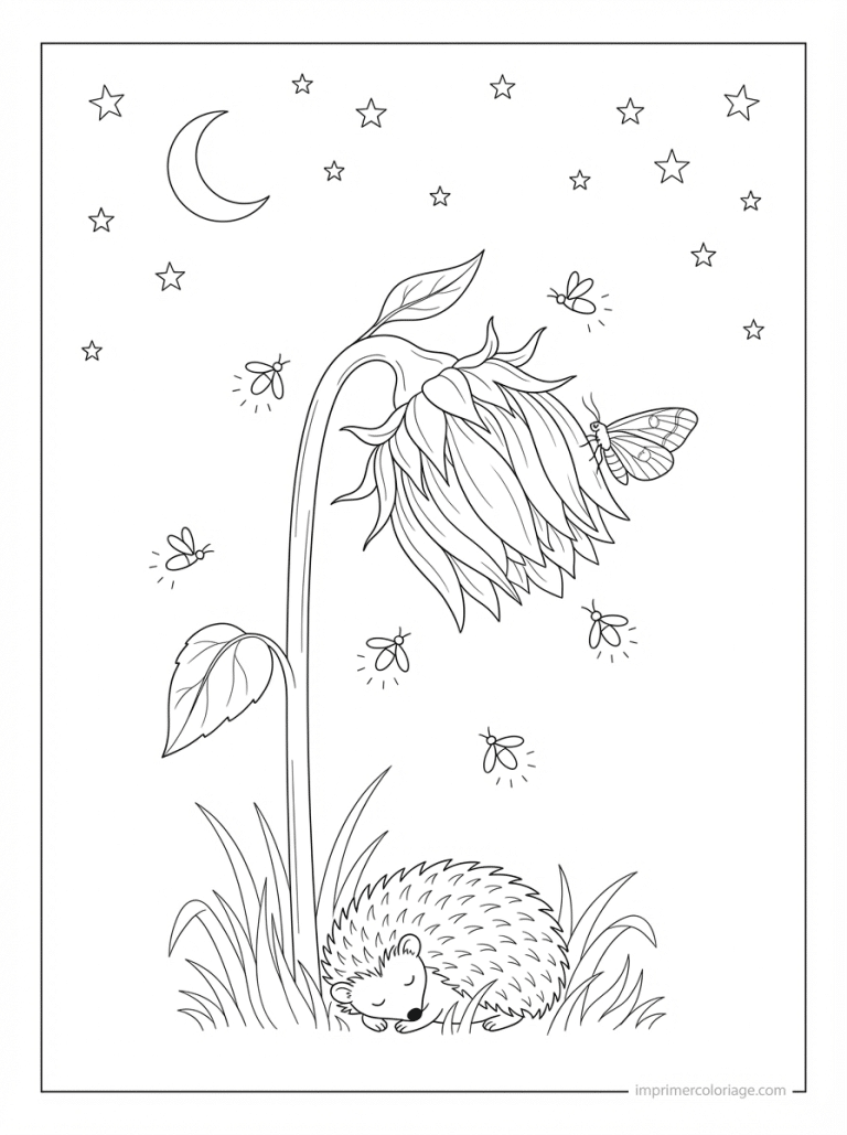 coloriage tournesol nuit lucioles herisson - dessin gratuit &agrave; imprimer