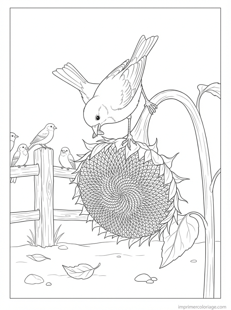 coloriage tournesol oiseau graines mangeoire - dessin gratuit &agrave; imprimer