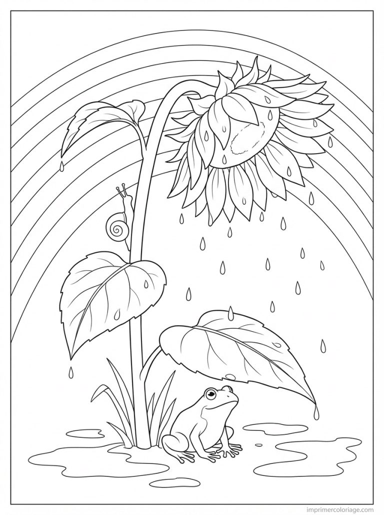 coloriage tournesol pluie grenouille arc en ciel - dessin gratuit &agrave; imprimer