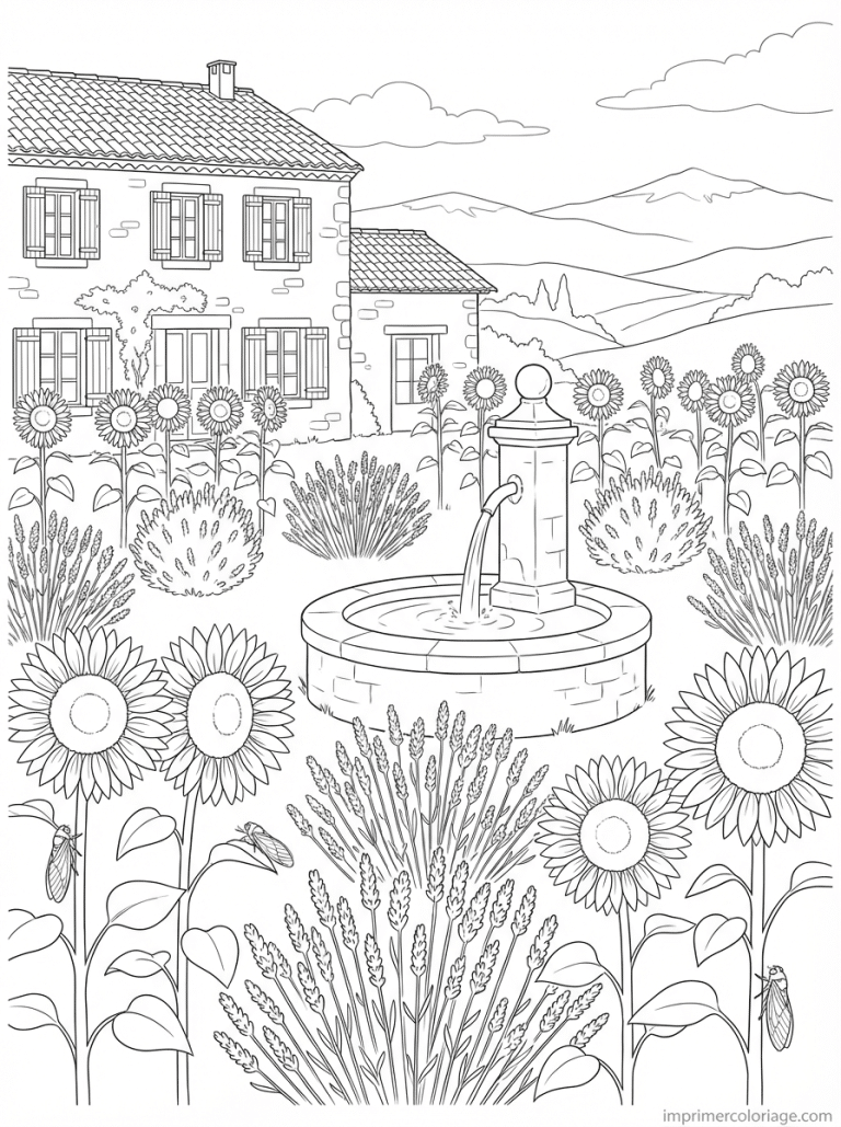 coloriage tournesol provence lavande fontaine - dessin gratuit &agrave; imprimer